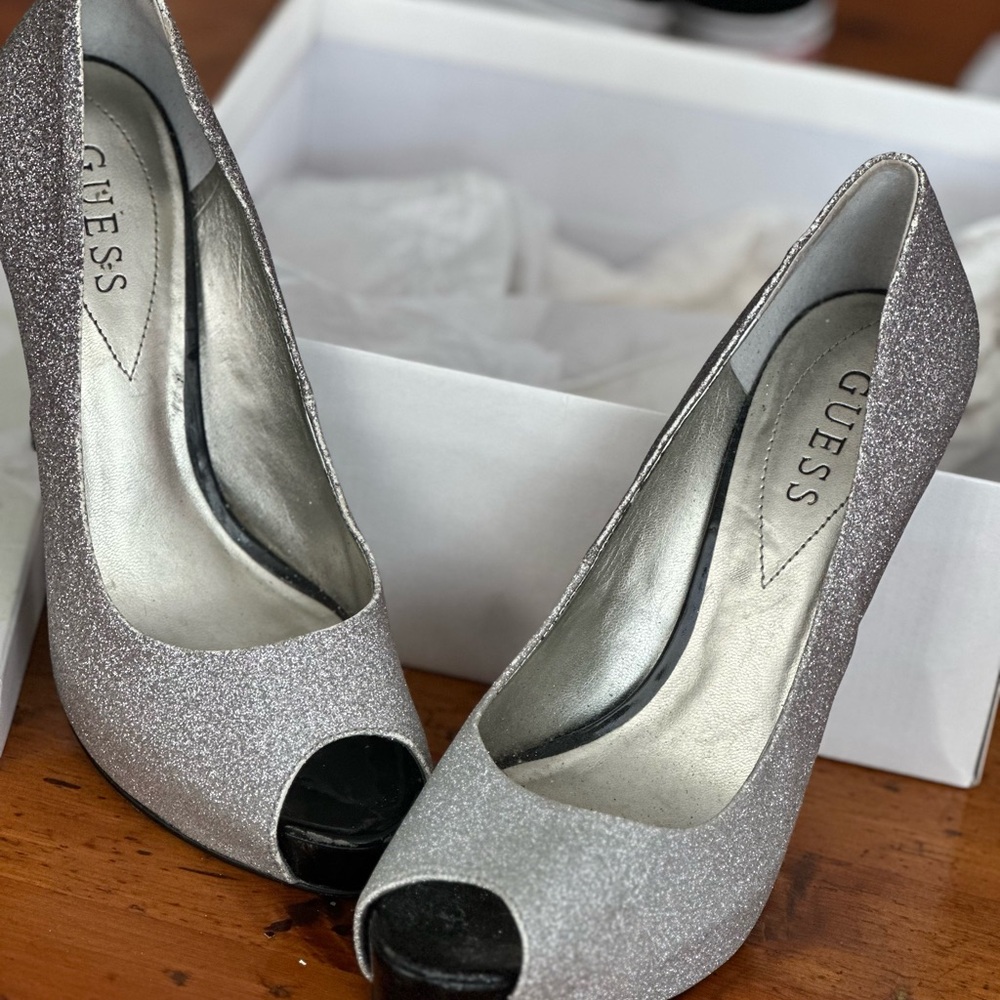 GUESS Glittering Silver Peep Toe Heels